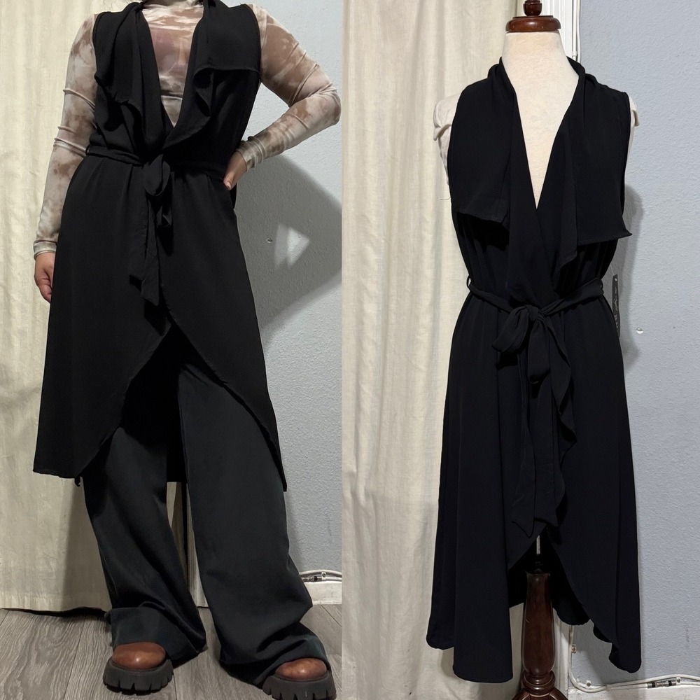 RMD Los Angeles Black Sleeveless‎ Waterfall Duster Vest Belted Open Front Small